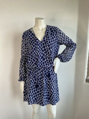Michael Kors Navy Print Mini Dress Boho Chic Tassel Tie Flowy Long Sleeve M